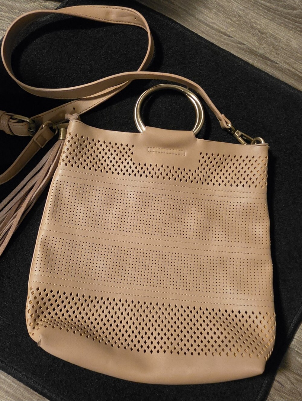 Anthropologie Perforated Ring Handle Crossbody Purse Tassel Embellishment